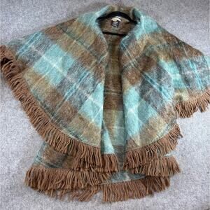 VINTAGE Andrew Stewart Mohair Wool Cape Women Plaid Fringe Scotland 60s One Size